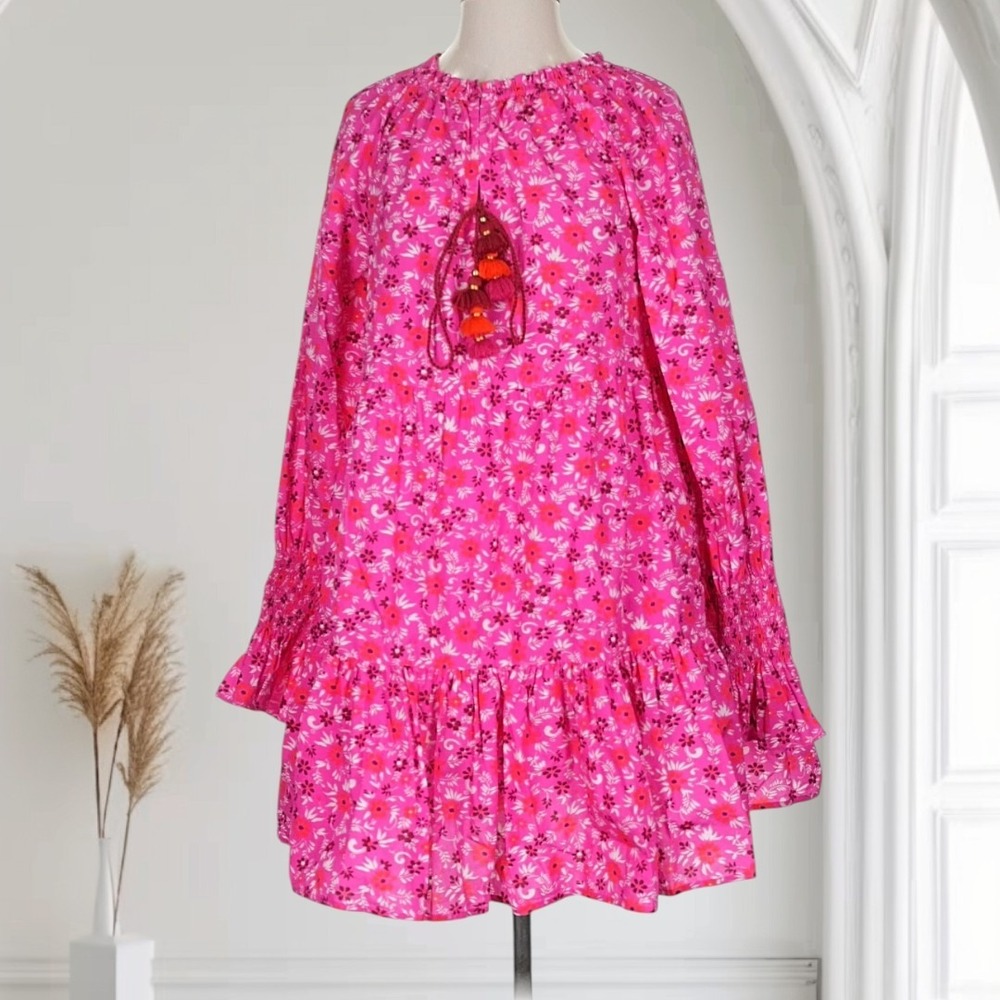 Figue Bella Mini Fress Womend S Pink Floral Cotton Tiered Prairie Dopamine